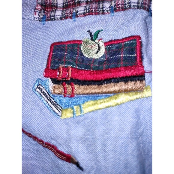 5/$25 Sz S Teacher Shirt Jacket Denim Patchwork Cotton ABCs Apple Books Plaid - Picture 5 of 7